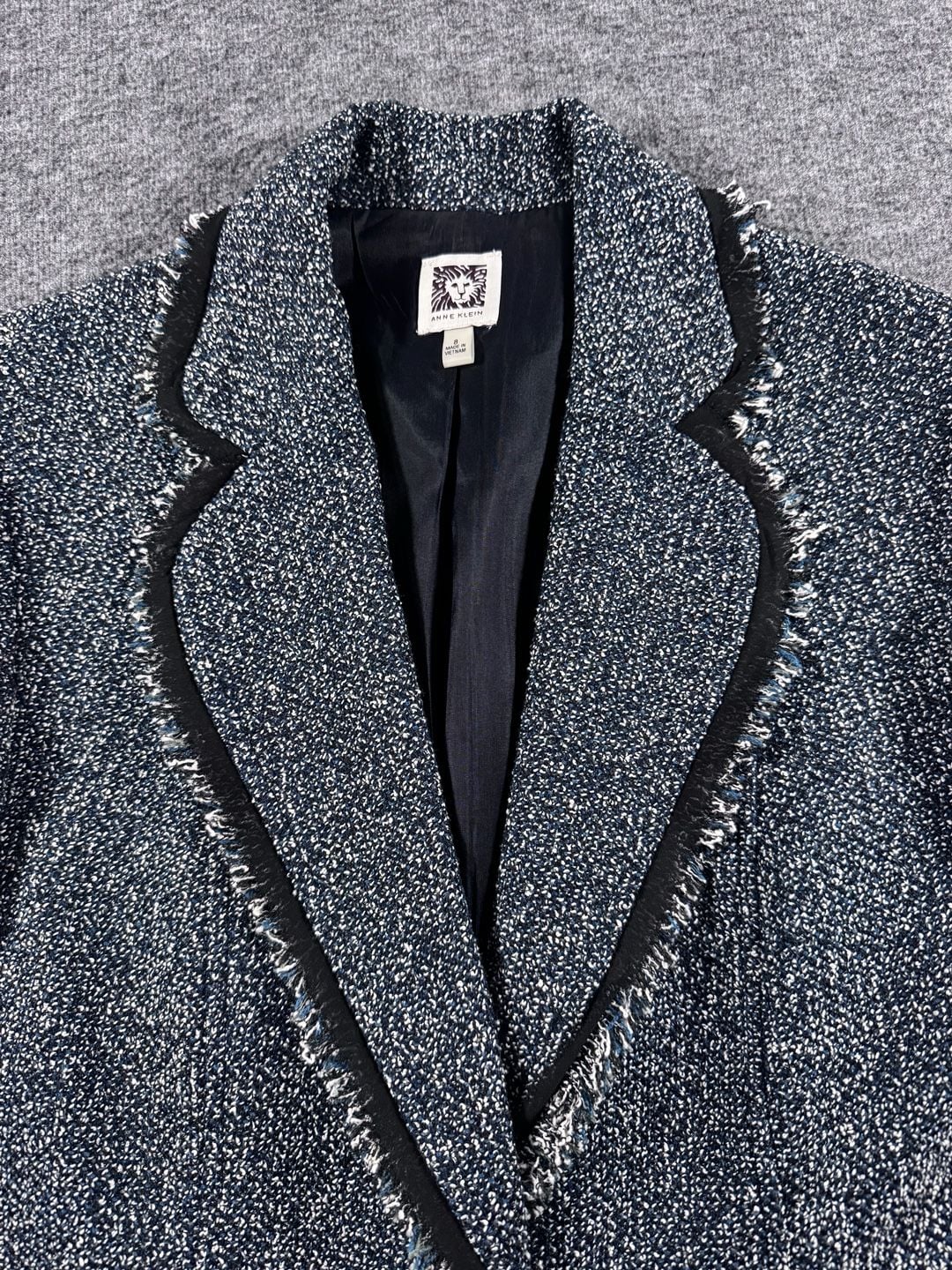 Anne Klein Blue and White Tweed Fringe Trim One-Button Blazer Size 8 5