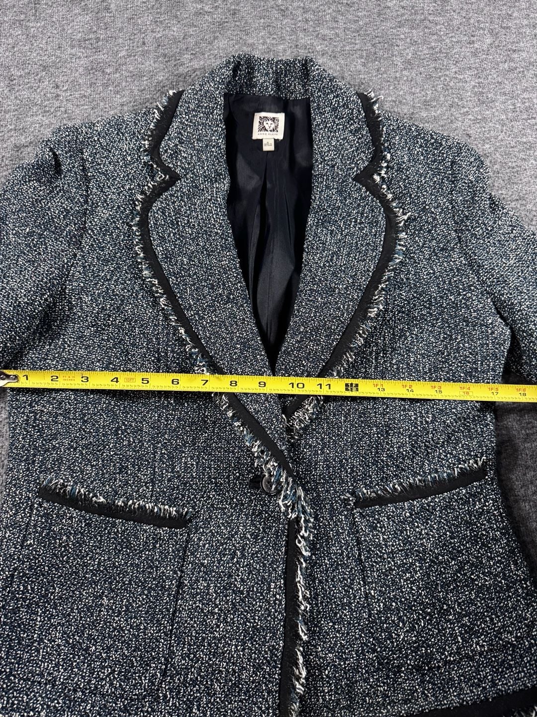 Anne Klein Blue and White Tweed Fringe Trim One-Button Blazer Size 8 8