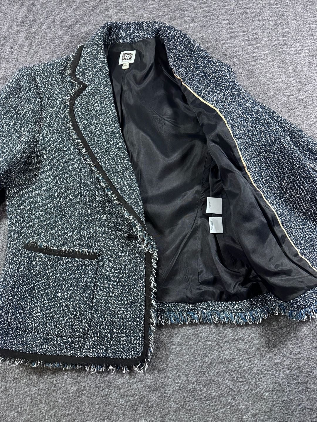 Anne Klein Blue and White Tweed Fringe Trim One-Button Blazer Size 8 10