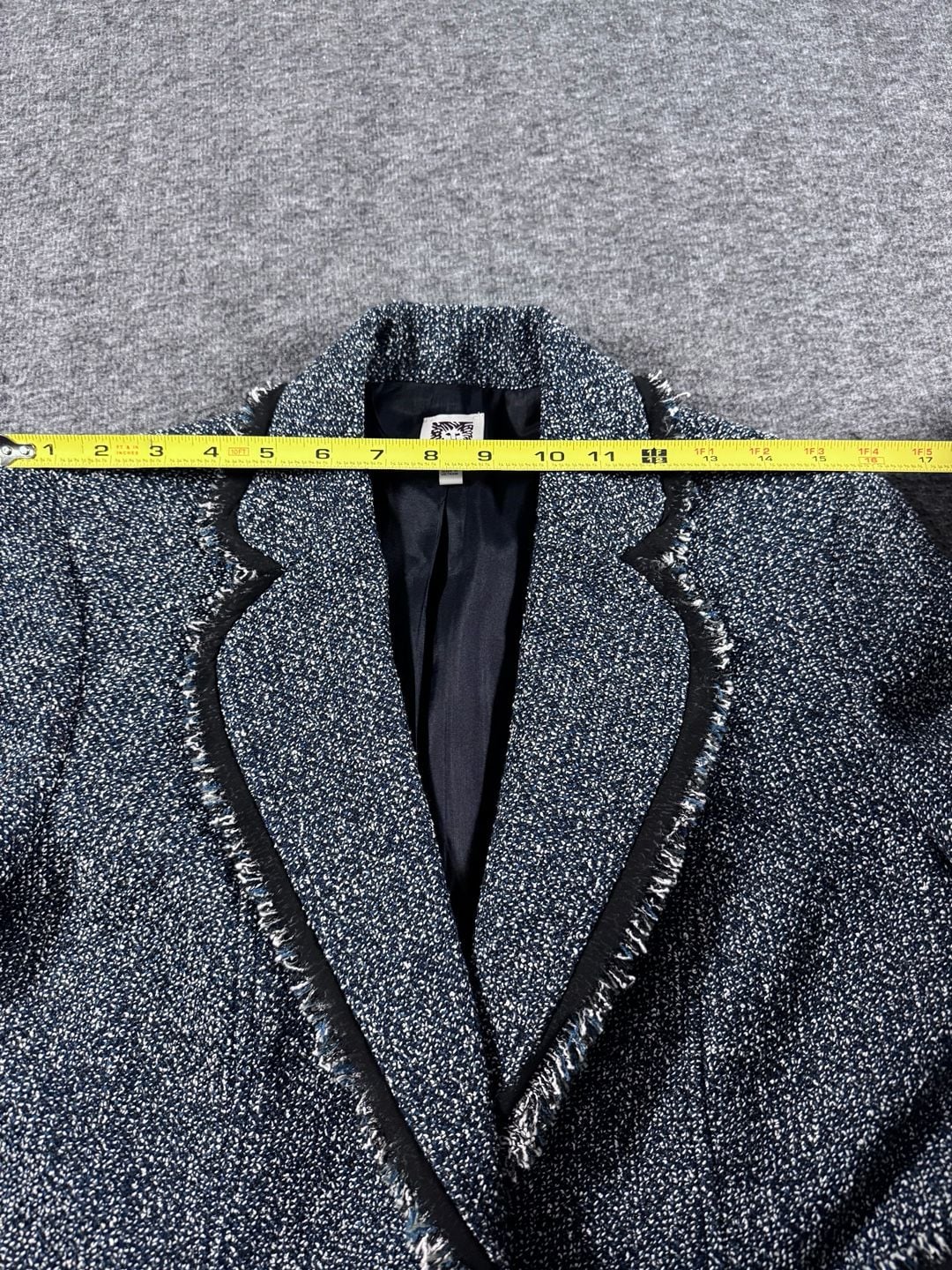Anne Klein Blue and White Tweed Fringe Trim One-Button Blazer Size 8 11