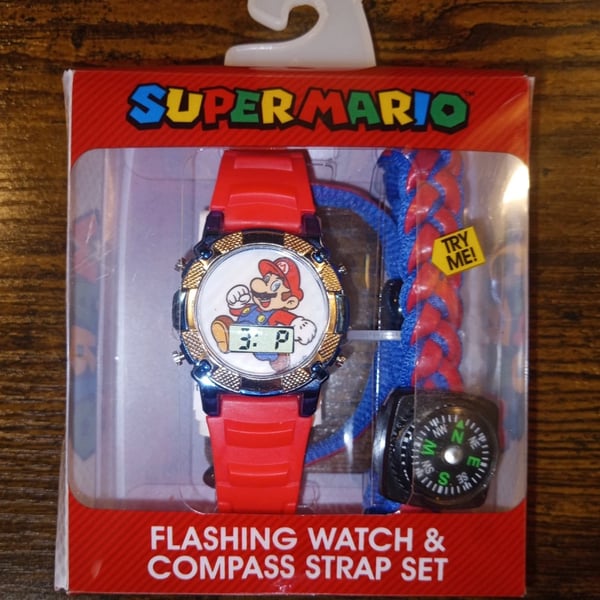Super Mario Flashing LCD Digital Watch & Survival Compass Strap Set