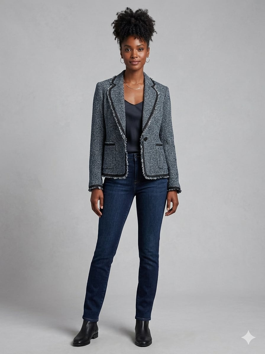 Anne Klein Blue and White Tweed Fringe Trim One-Button Blazer Size 8 2