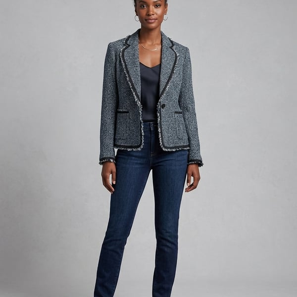 Anne Klein Blue and White Tweed Fringe Trim One-Button Blazer Size 8