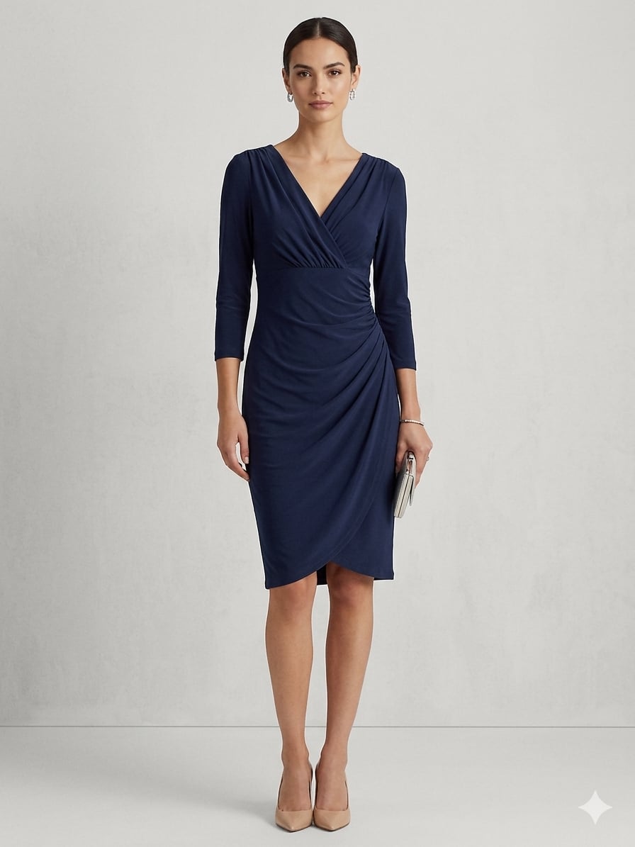 Lauren Ralph Lauren Navy Blue Faux Wrap Ruched Long Sleeve Midi Jersey Dress Size 4 2