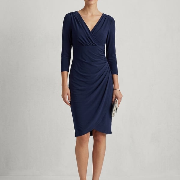 Lauren Ralph Lauren Navy Blue Faux Wrap Ruched Long Sleeve Midi Jersey Dress Size 4