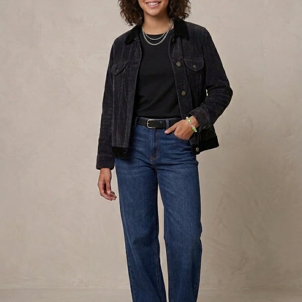 J. Jill Black Corduroy Button Up Trucker Jacket with Velvet Trim Petite MP