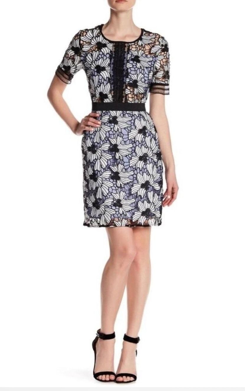 Romeo + Juliet Couture Black & White Floral Guipure Lace Sheath Dress with Blue Lining 4