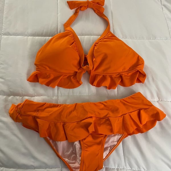 Ralph Lauren Women's Orange Ruffle Halter Bikini Two Piece Set