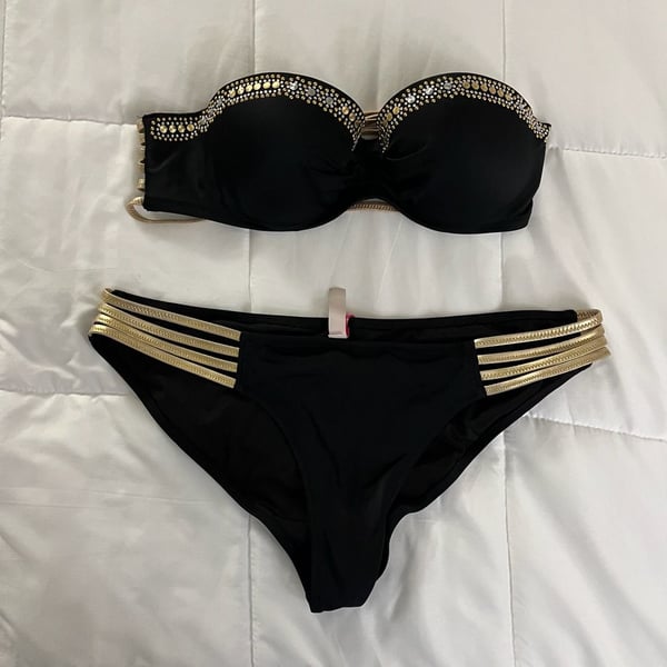 Victoria's Secret Black and Gold Embellished Bandeau Bikini Set