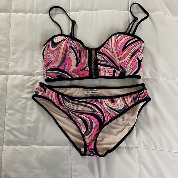 Juicy Couture Pink Shell Shock Swirl Print Zip-Up Bikini Set