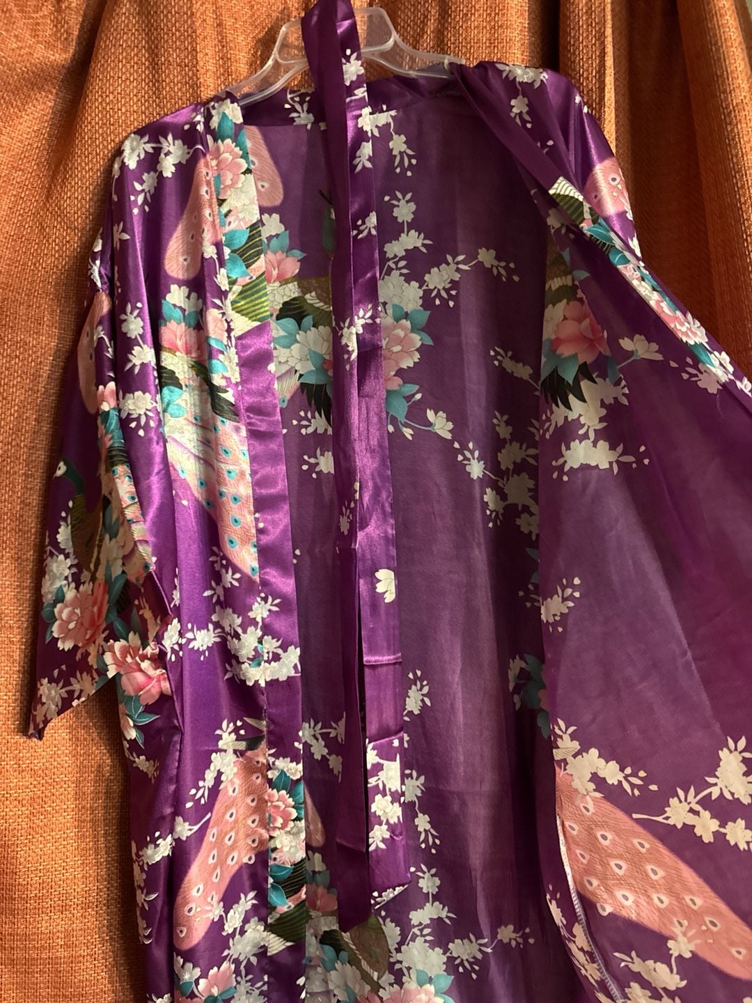 BABEYOND Purple Satin Long Kimono Robe with Peacock and Blossom Floral Print - Size L 2