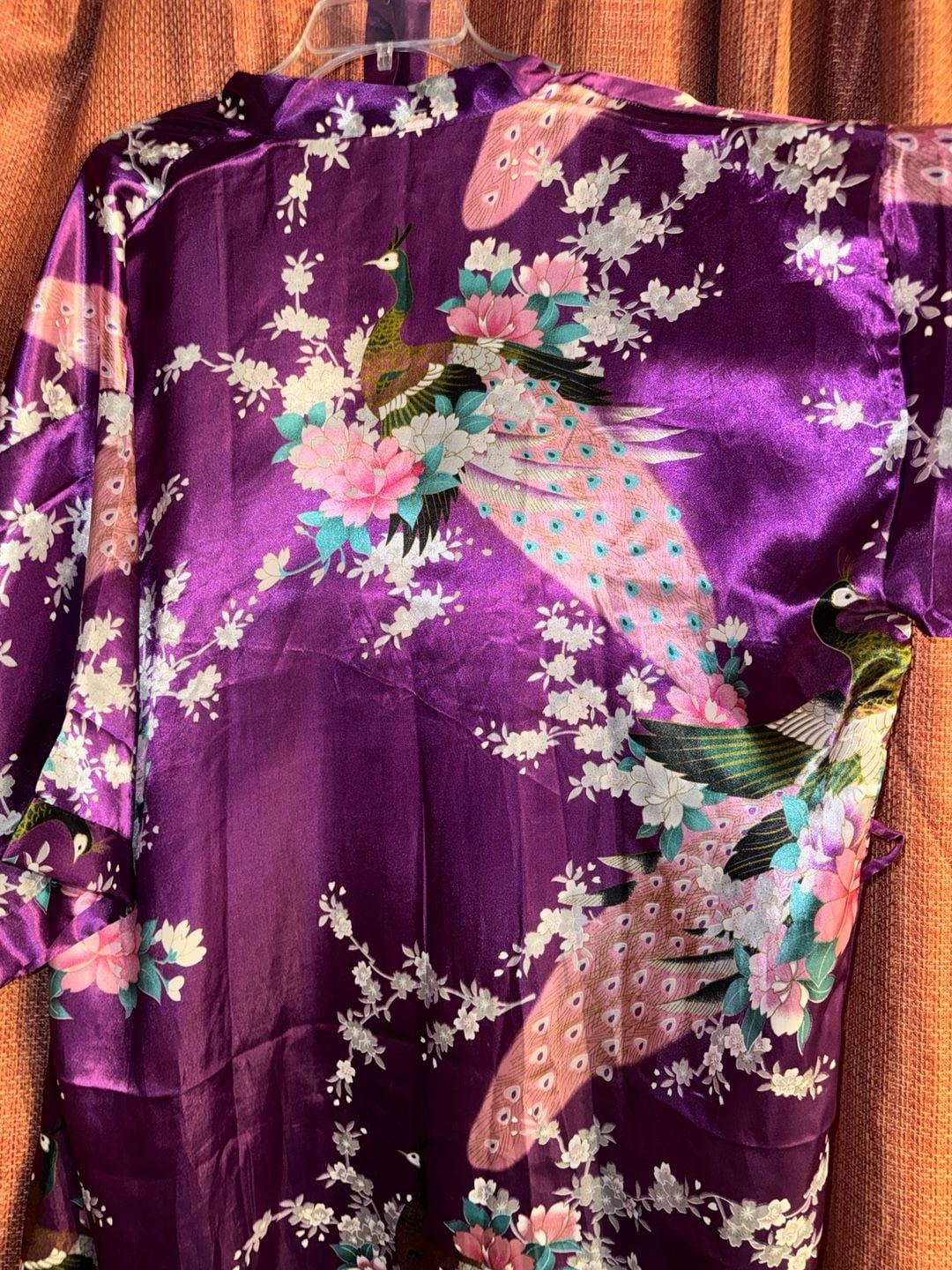 BABEYOND Purple Satin Long Kimono Robe with Peacock and Blossom Floral Print - Size L 3