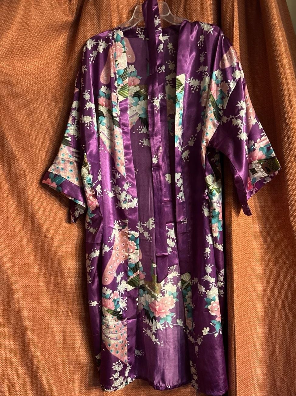 BABEYOND Purple Satin Long Kimono Robe with Peacock and Blossom Floral Print - Size L 1