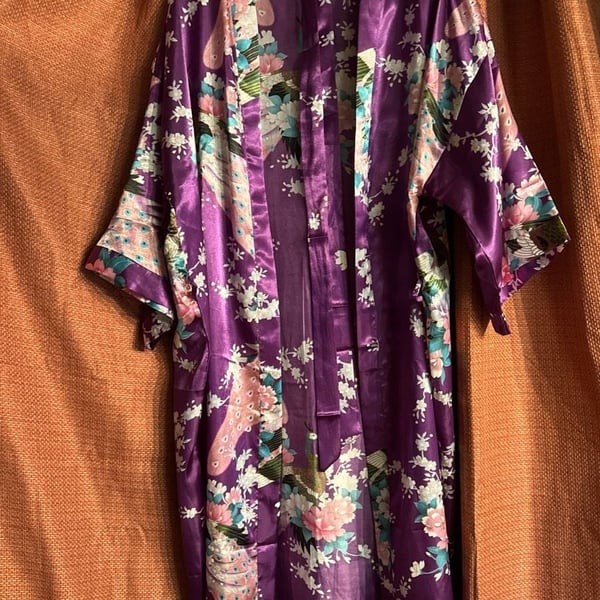 BABEYOND Purple Satin Long Kimono Robe with Peacock and Blossom Floral Print - Size L