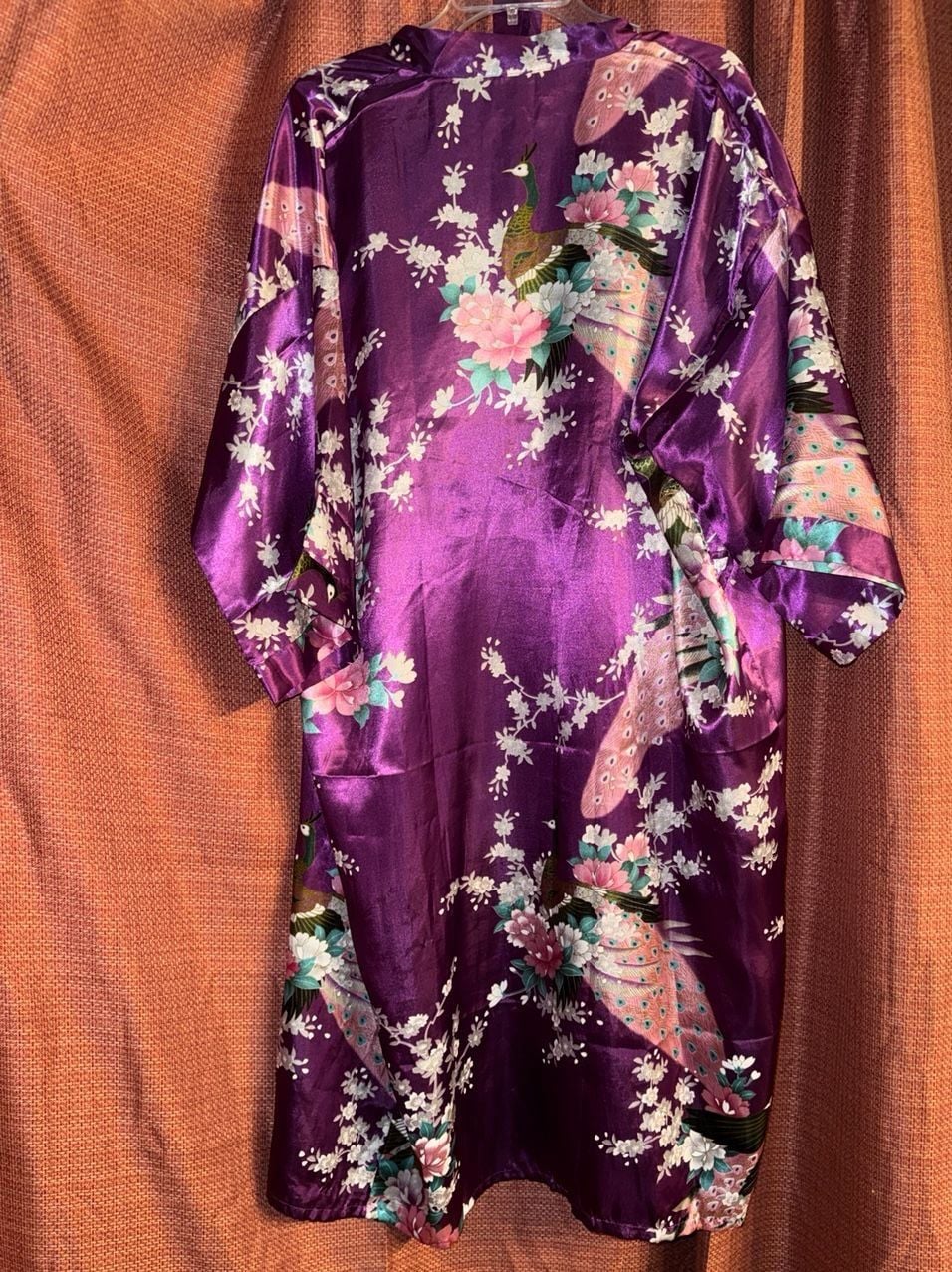 BABEYOND Purple Satin Long Kimono Robe with Peacock and Blossom Floral Print - Size L 4