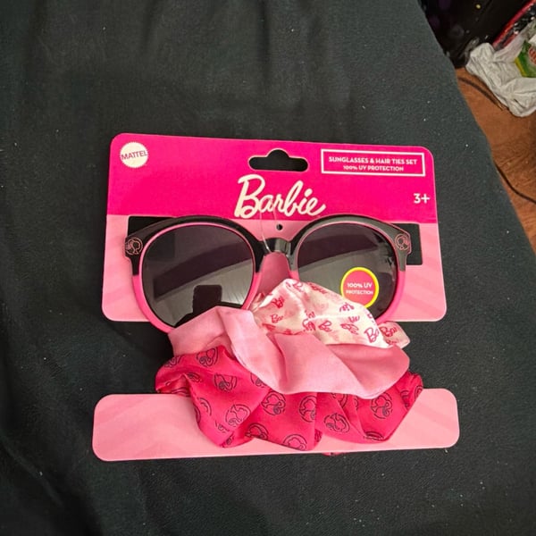 Mattel Barbie Girls Pink & Black UV Protection Sunglasses with 3 Scrunchie Hair Ties Set Ages 3+