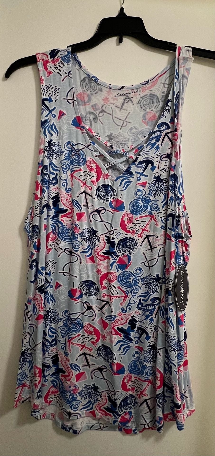 Casey Key Nautical Printed Criss-Cross V-Neck Tank Top Size 2X 2
