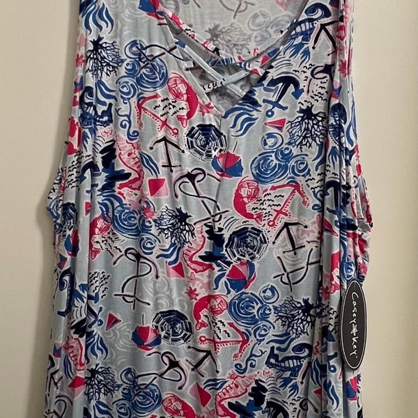Casey Key Nautical Printed Criss-Cross V-Neck Tank Top Size 2X