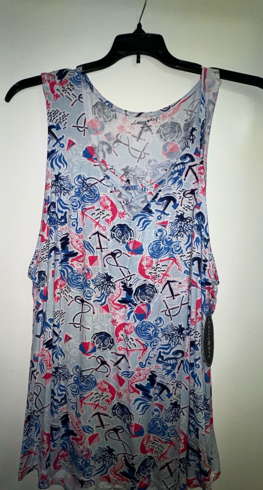Casey Key Nautical Printed Criss-Cross V-Neck Tank Top Size 2X 3