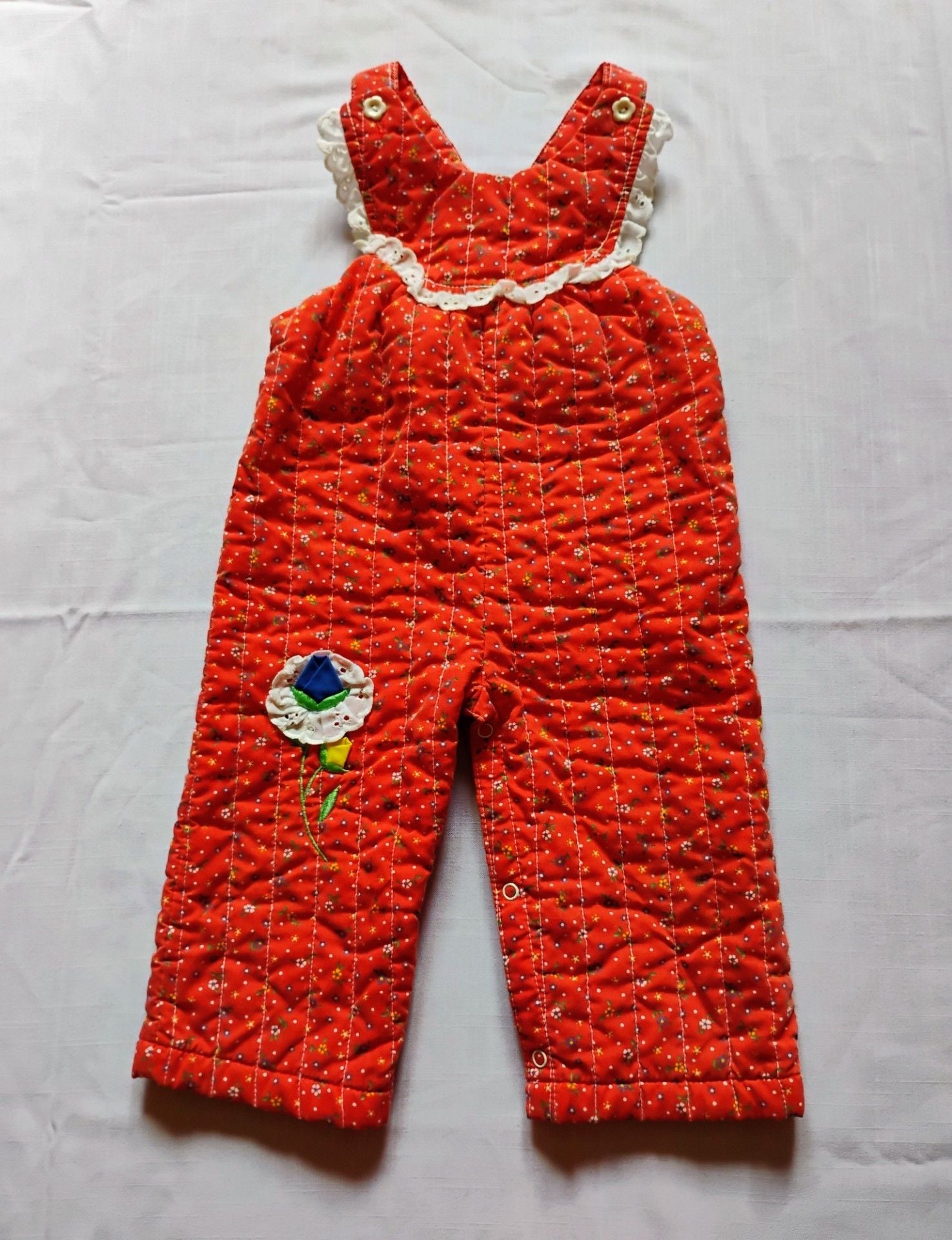 Vintage Tiny Tots Quilted Red Floral Tulip Bib Overalls Baby Size 18M 2