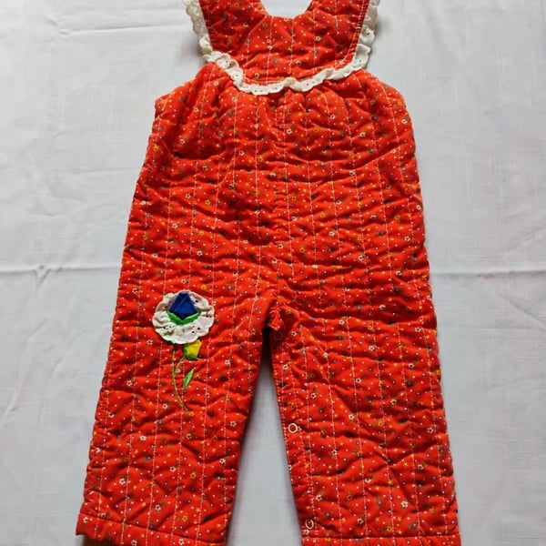 Vintage Tiny Tots Quilted Red Floral Tulip Bib Overalls Baby Size 18M