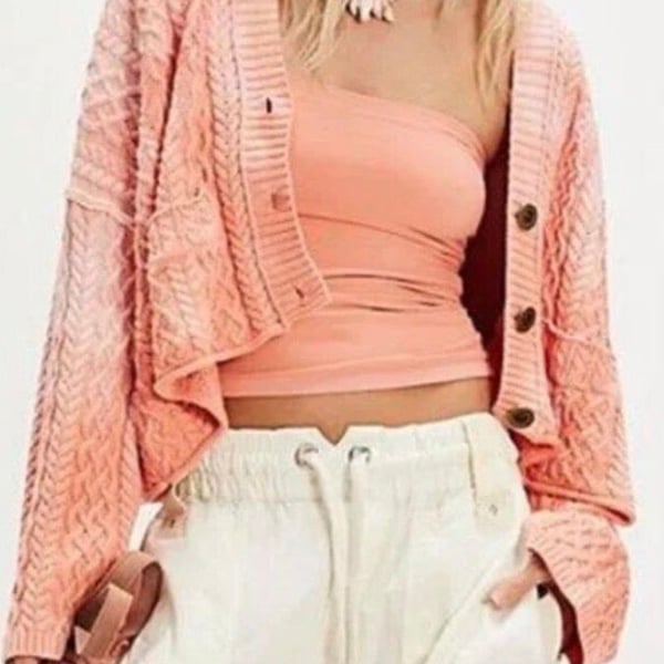 Free People Pink Rose Cloud Combo Cable Knit Cardigan Sweater Small 