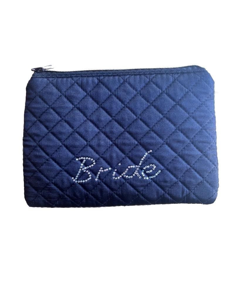 Black Quilted Satin Bride Cosmetic Makeup Bag with Rhinestone Accents 2
