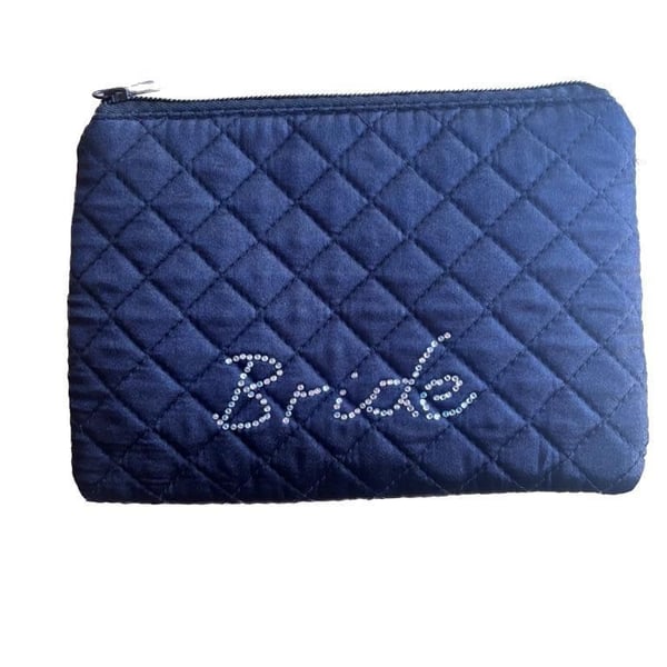 Black Quilted Satin Bride Cosmetic Makeup Bag with Rhinestone Accents