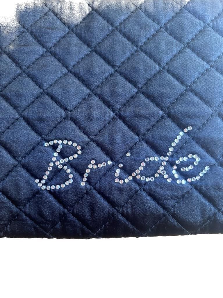 Black Quilted Satin Bride Cosmetic Makeup Bag with Rhinestone Accents 3