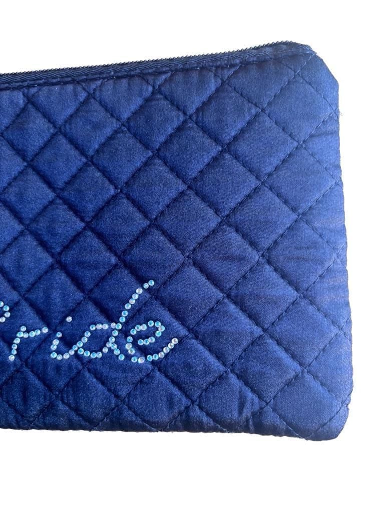 Black Quilted Satin Bride Cosmetic Makeup Bag with Rhinestone Accents 4