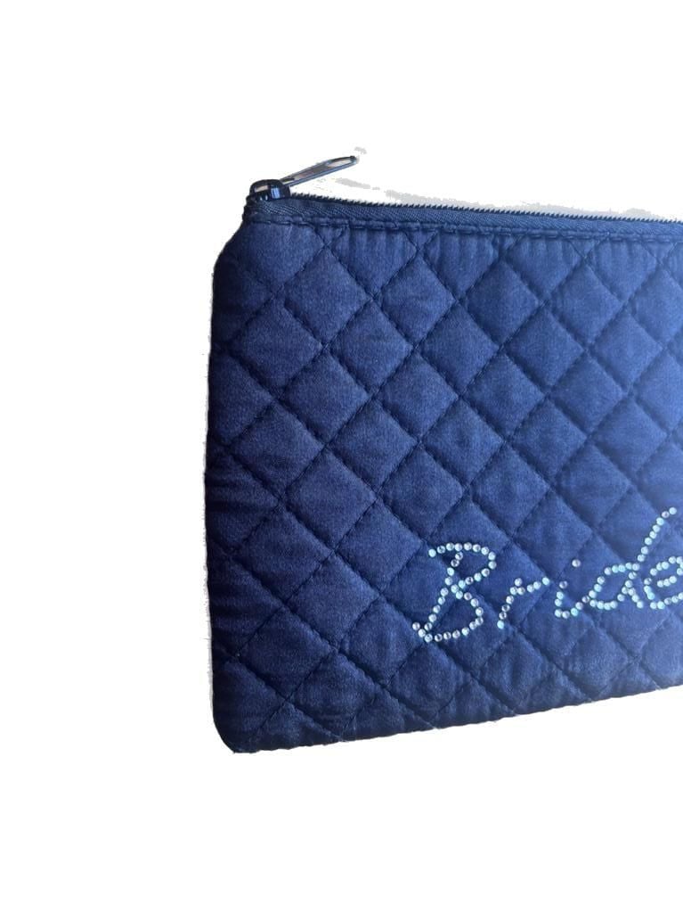 Black Quilted Satin Bride Cosmetic Makeup Bag with Rhinestone Accents 5