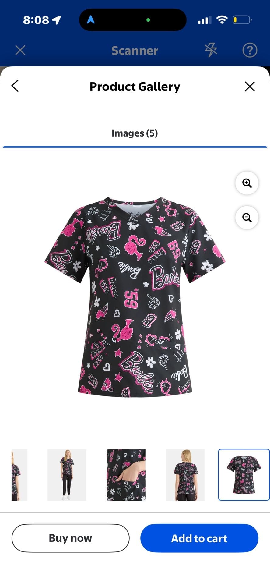 Barbie Women's V-Neck 2-Pocket Print Scrub Top, Black and Pink 2