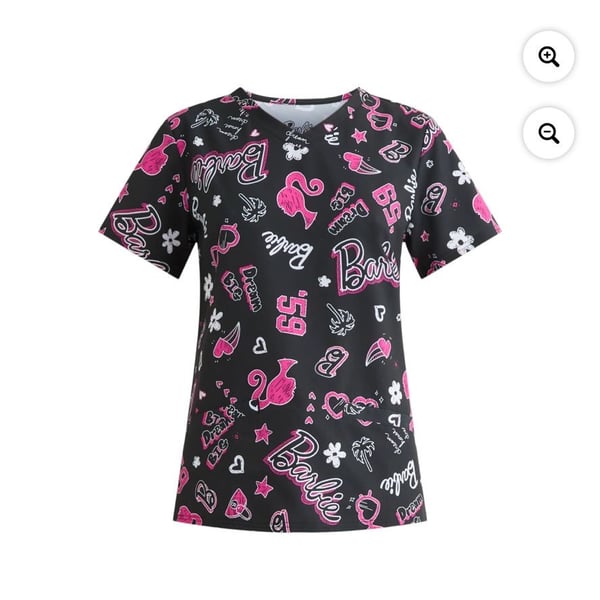 Barbie Women's V-Neck 2-Pocket Print Scrub Top, Black and Pink
