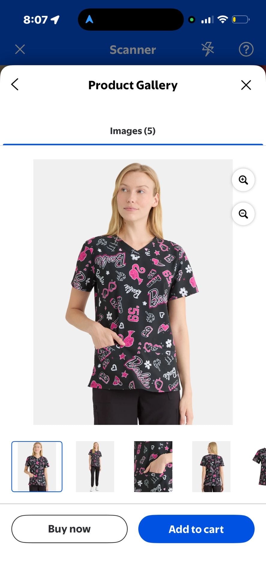 Barbie Women's V-Neck 2-Pocket Print Scrub Top, Black and Pink 3
