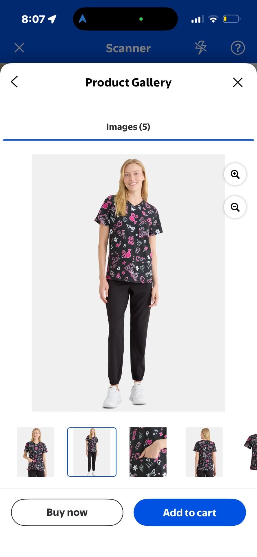 Barbie Women's V-Neck 2-Pocket Print Scrub Top, Black and Pink 4