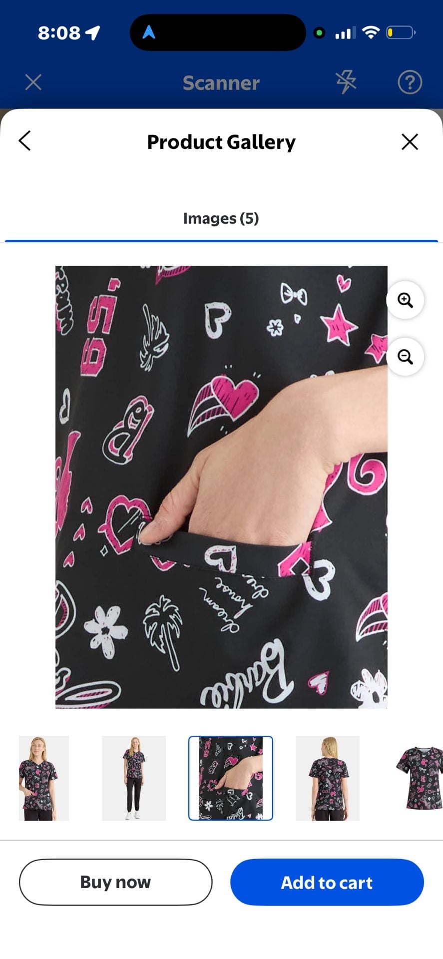 Barbie Women's V-Neck 2-Pocket Print Scrub Top, Black and Pink 5