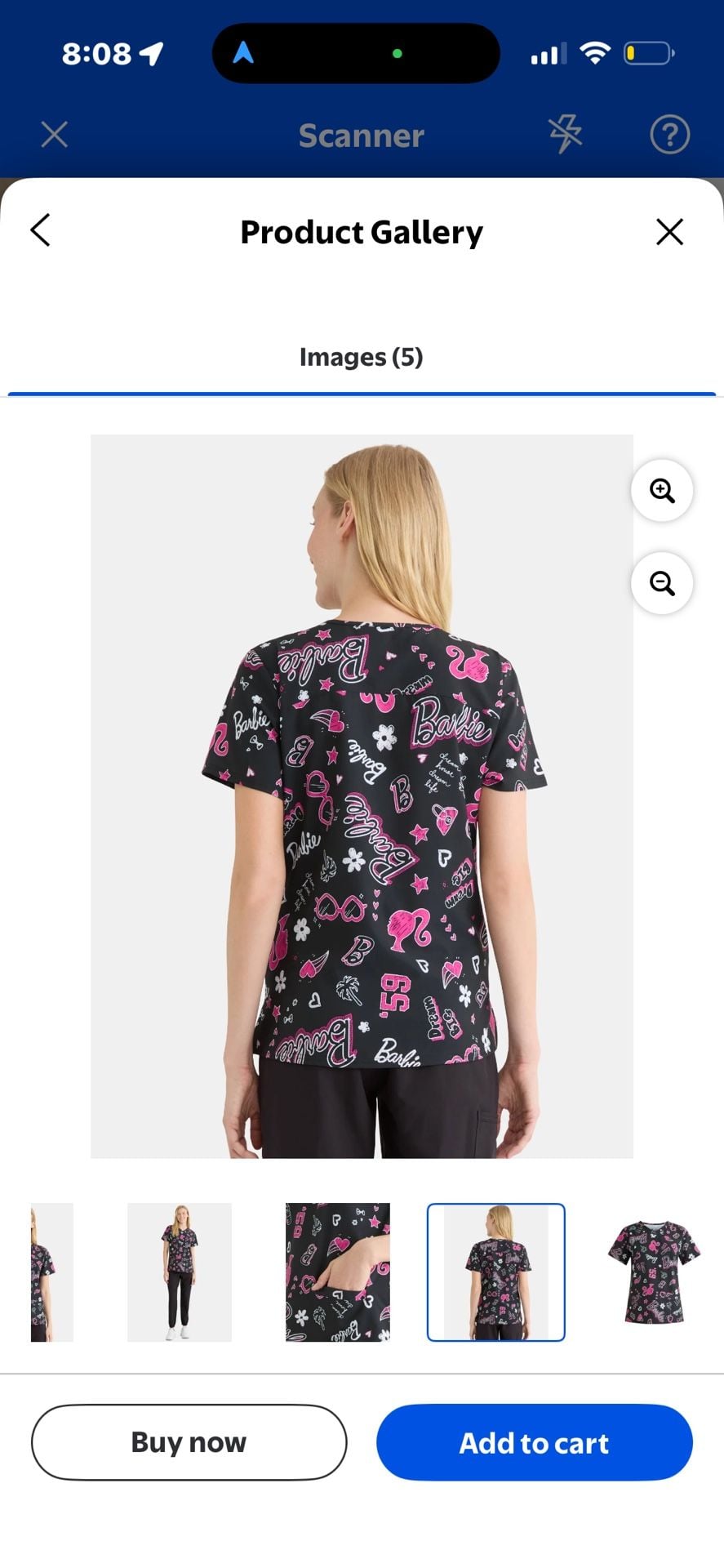 Barbie Women's V-Neck 2-Pocket Print Scrub Top, Black and Pink 6