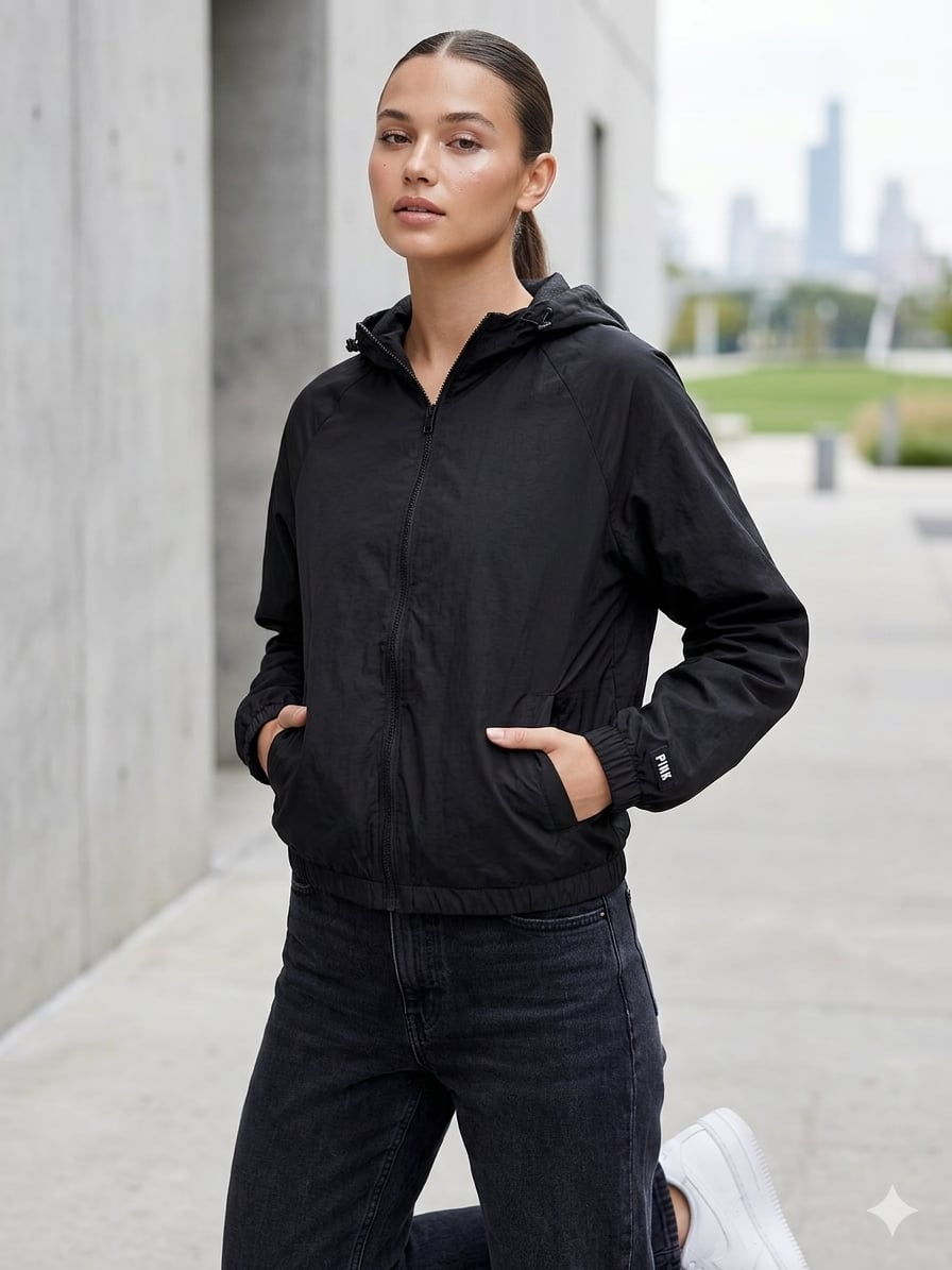 PINK Victoria's Secret Black Hooded Full-Zip Windbreaker Jacket 2