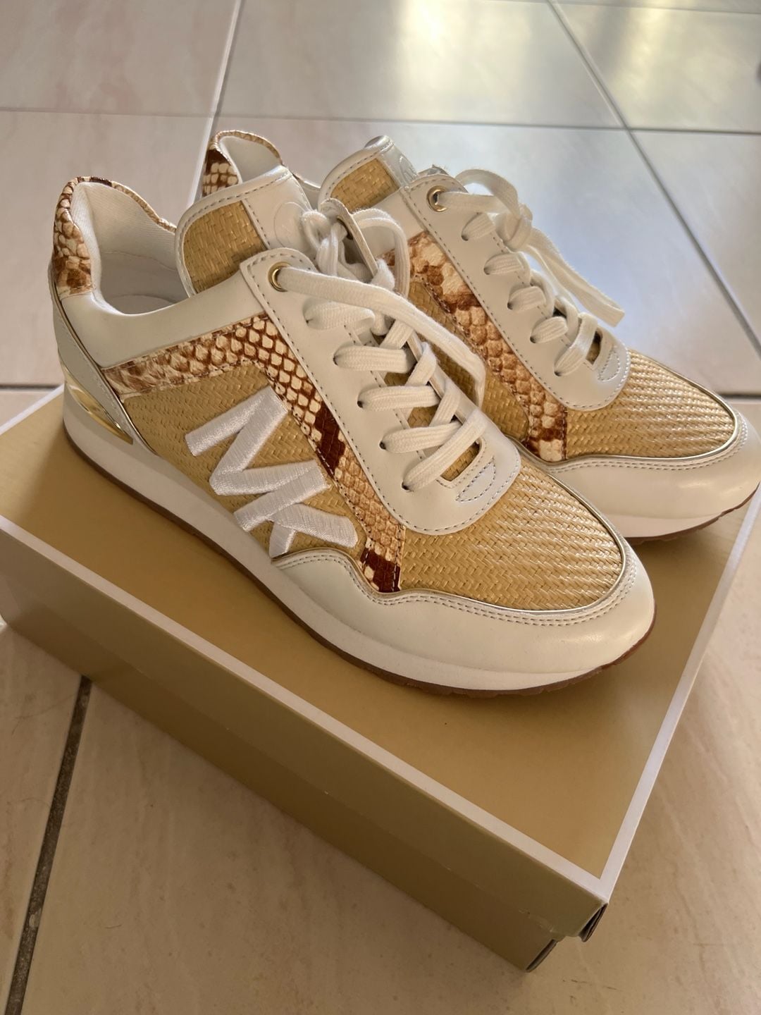 Michael Kors Maddy Trainer Rafia Natural/Optic White Snake Print Sneakers 2