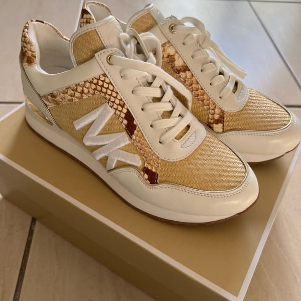 Michael Kors Maddy Trainer Rafia Natural/Optic White Snake Print Sneakers