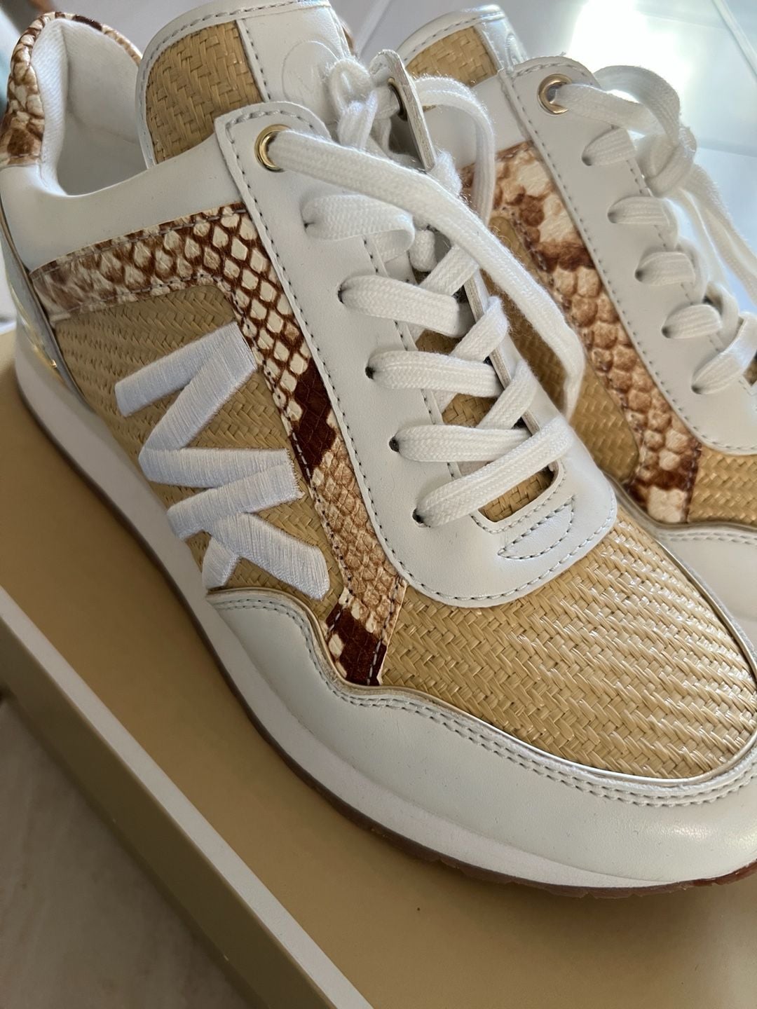 Michael Kors Maddy Trainer Rafia Natural/Optic White Snake Print Sneakers 3