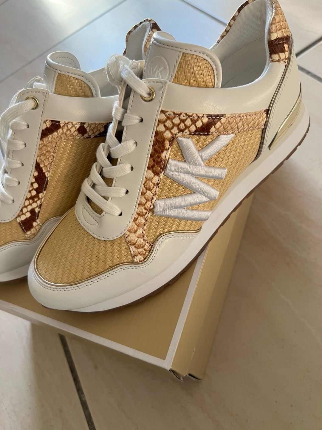 Michael Kors Maddy Trainer Rafia Natural/Optic White Snake Print Sneakers 4