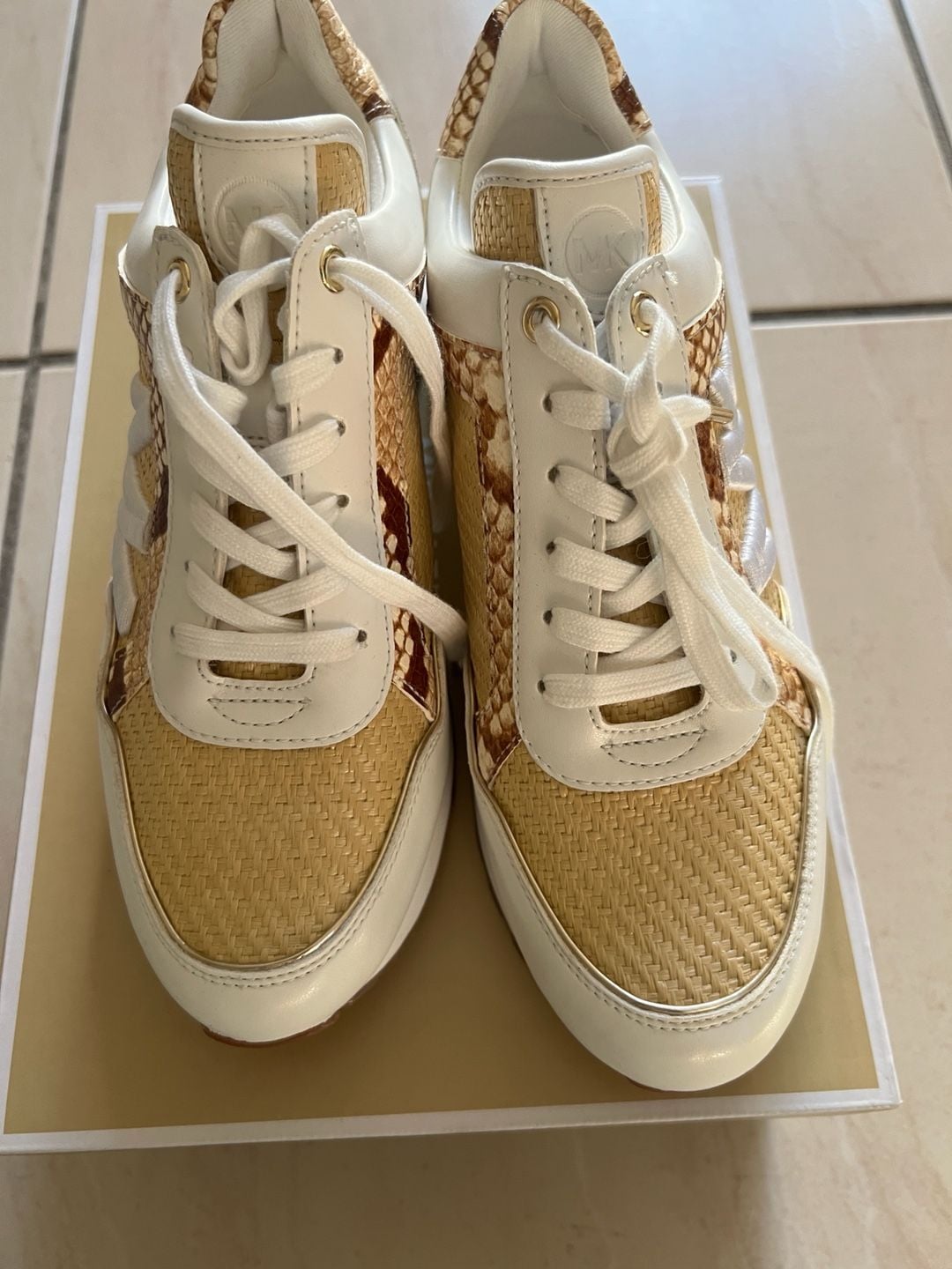 Michael Kors Maddy Trainer Rafia Natural/Optic White Snake Print Sneakers 6