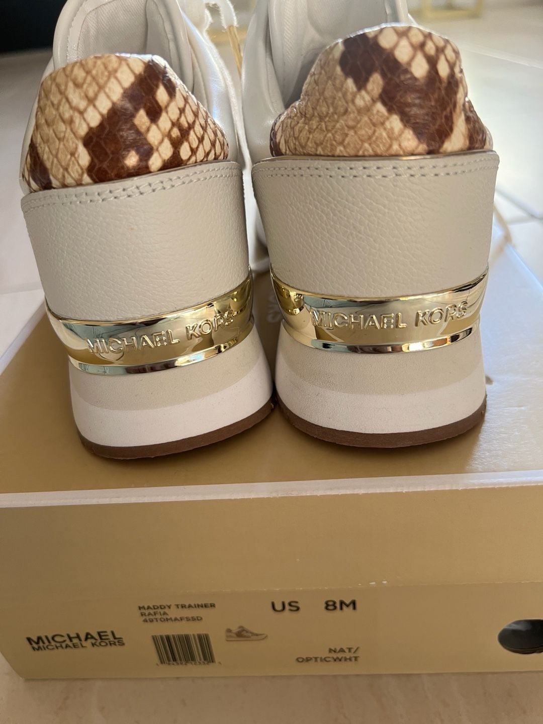 Michael Kors Maddy Trainer Rafia Natural/Optic White Snake Print Sneakers 7