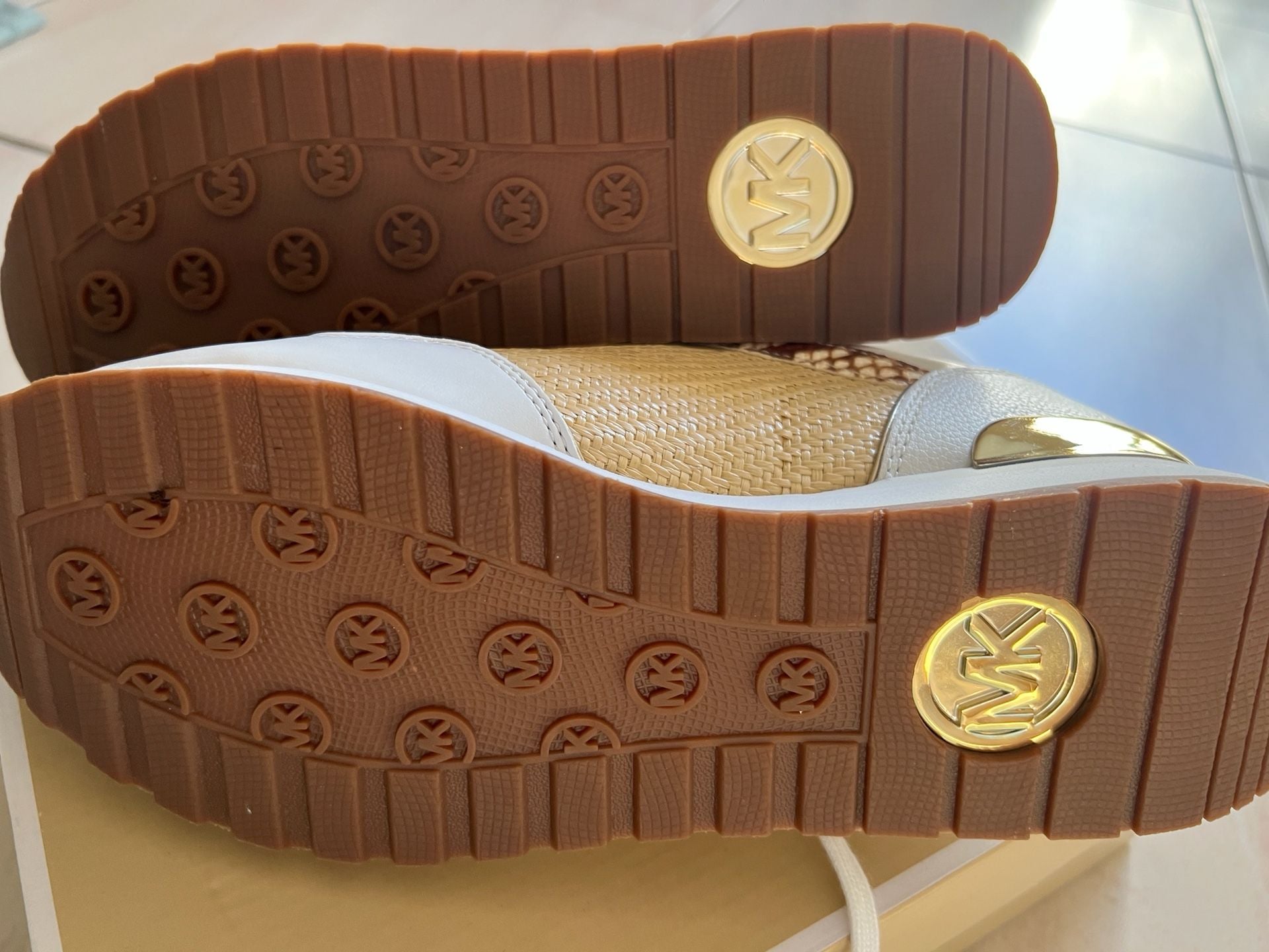 Michael Kors Maddy Trainer Rafia Natural/Optic White Snake Print Sneakers 8