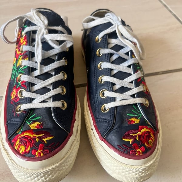 Converse Chuck 70 Low Parkway Floral Embroidered Obsidian Leather Sneakers