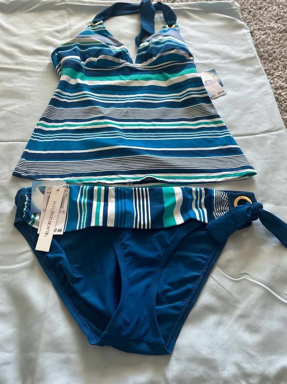 Bleu Rod Beattie Blue & Green Striped Halter Tankini Two-Piece Swimsuit Set 1