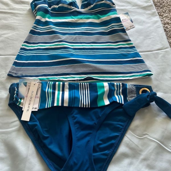 Bleu Rod Beattie Blue & Green Striped Halter Tankini Two-Piece Swimsuit Set