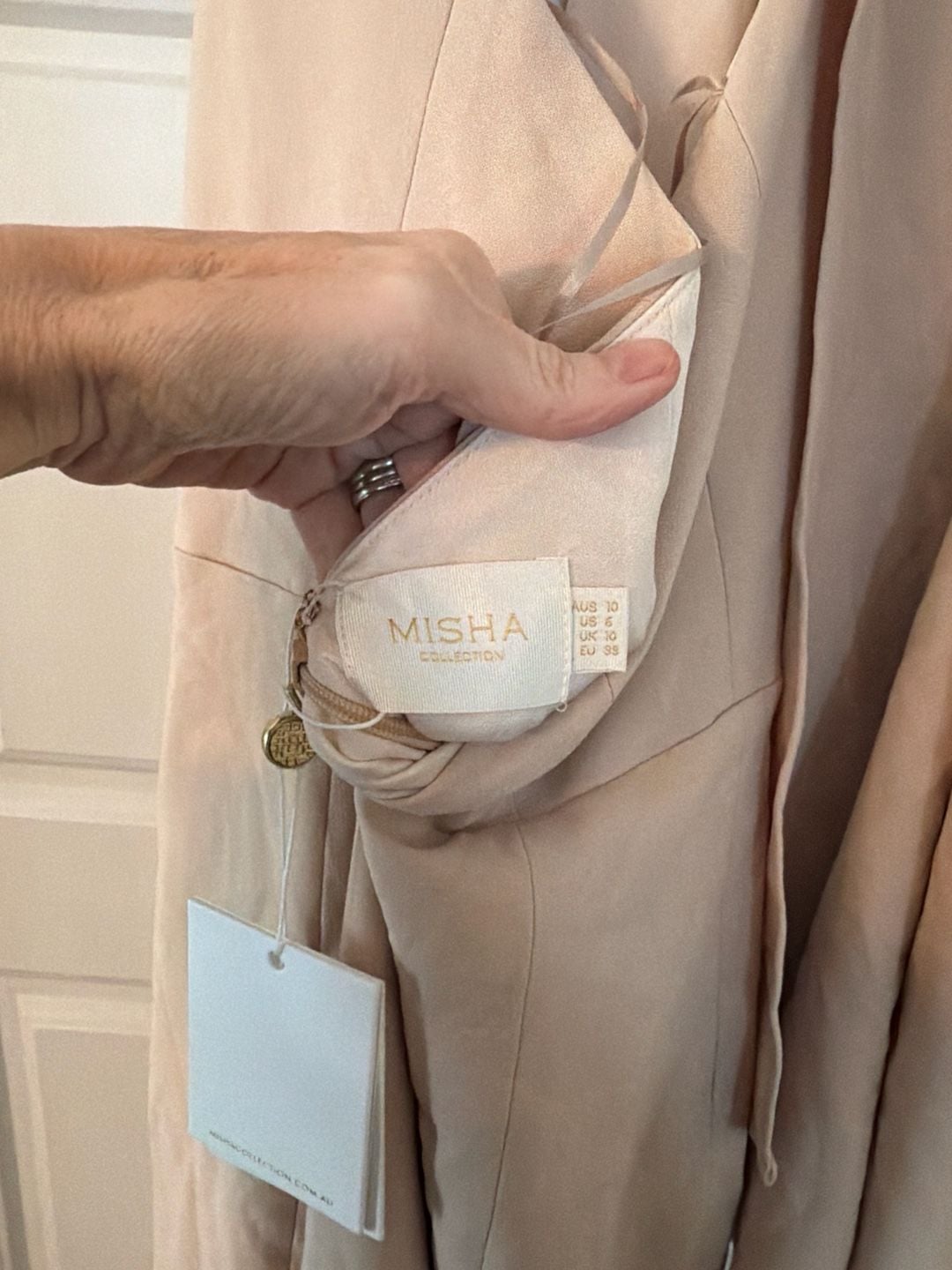 NWT MISHA COLLECTION Micah Dress - Nude Pink Halter Neck with Dramatic Bell Sleeve 7
