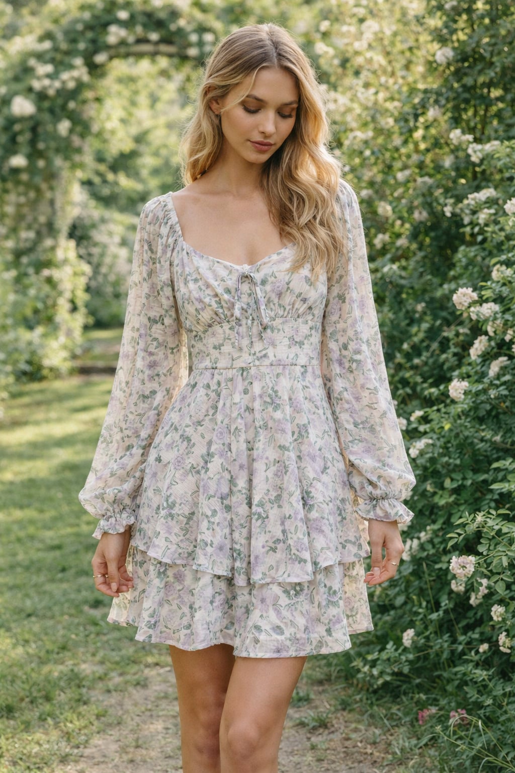 Crystal Doll Juniors Long-Sleeve Tiered Floral Mini Dress in Lavender and Green 2
